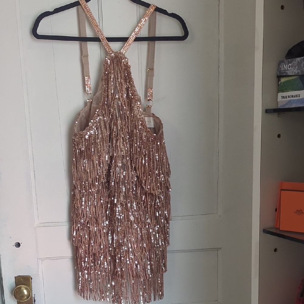 Bronx and Banco Sequin Fringe Mini Dress in Gold